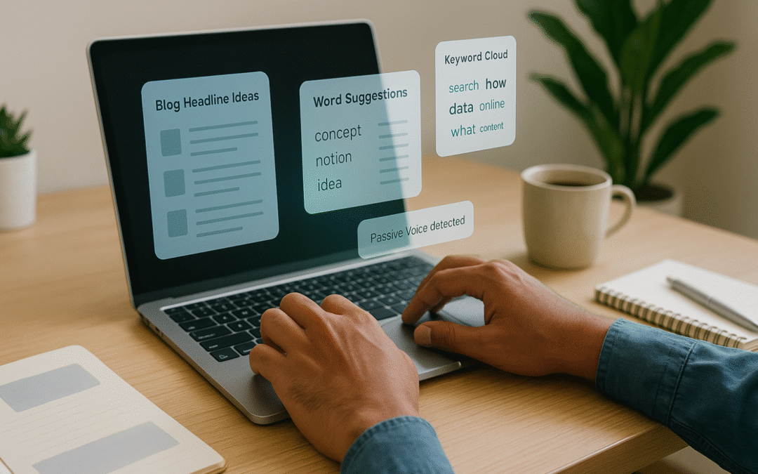 Content creation tools for Blog Headline Ideas, Word Suggestions, Keywords, etc popping out of a laptop.
