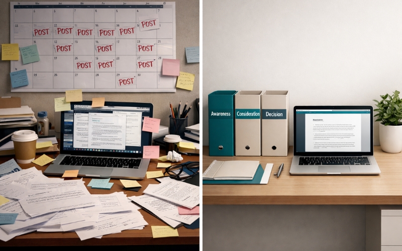 comparison between unplanned content workflow and structured content strategy system