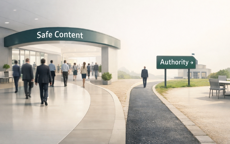 Comparison between safe content approach and authority-driven content strategy path