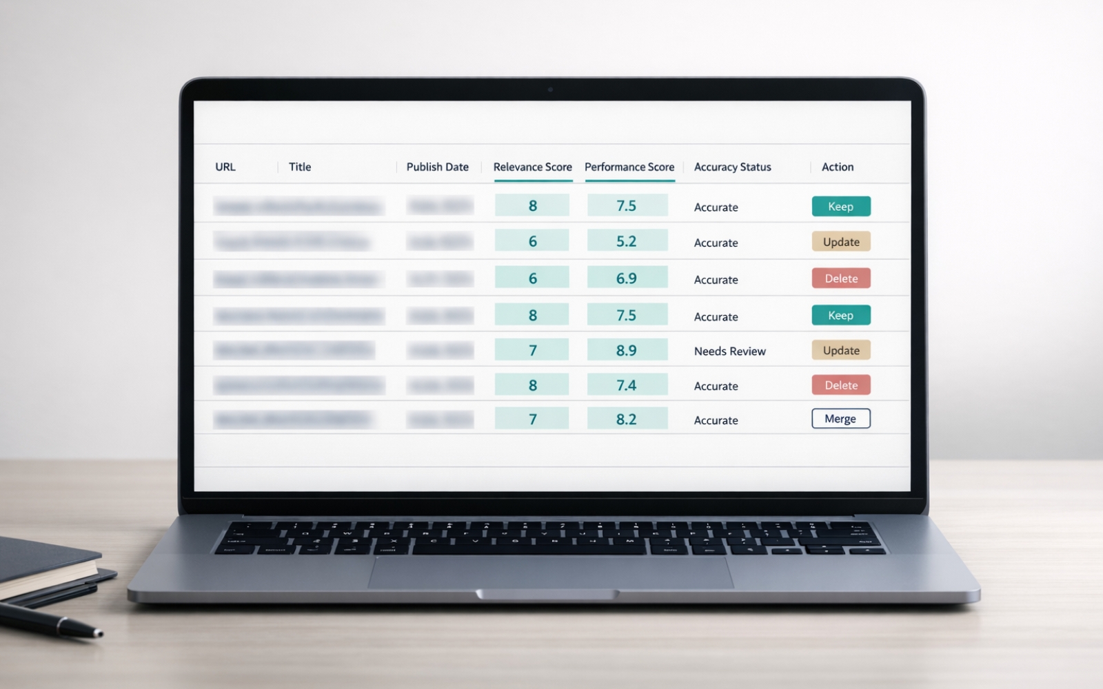 content audit table showing performance scores relevance and actions like keep update or delete