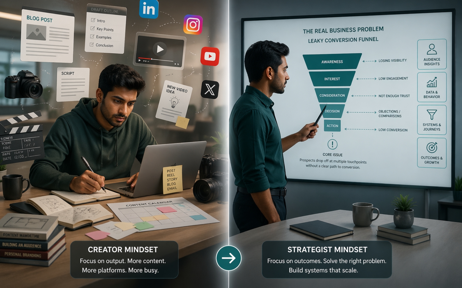 comparison between creator mindset focused on content output and strategist mindset focused on outcomes and conversion systems
