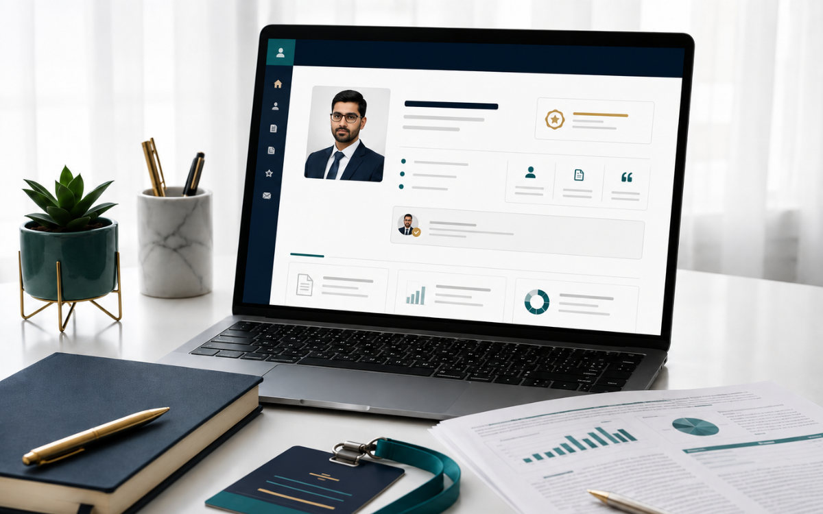 Laptop displays a professional author profile with credentials, verified links and publication trust signals