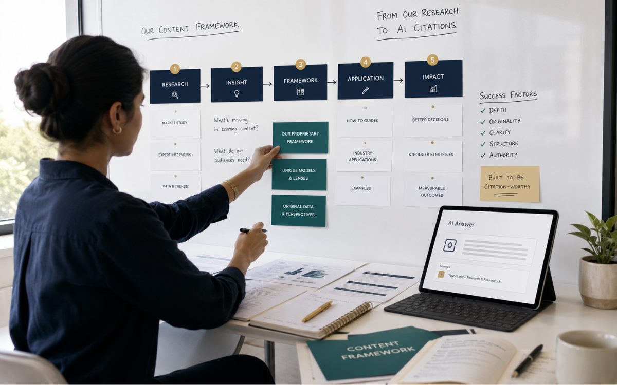 Strategist maps research, insights and frameworks beside an AI answer displaying a cited source