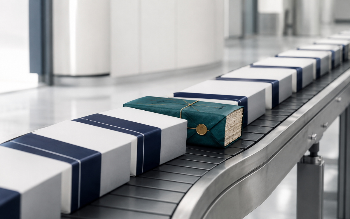 One teal package breaks a conveyor belt line of identical white boxes, representing content beyond AI commoditisation