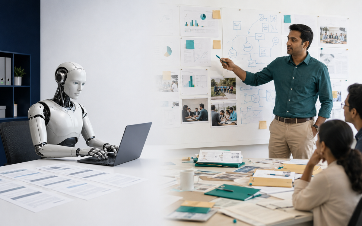 Robot produces generic content while a human presents case studies, workshop notes and real-world evidence