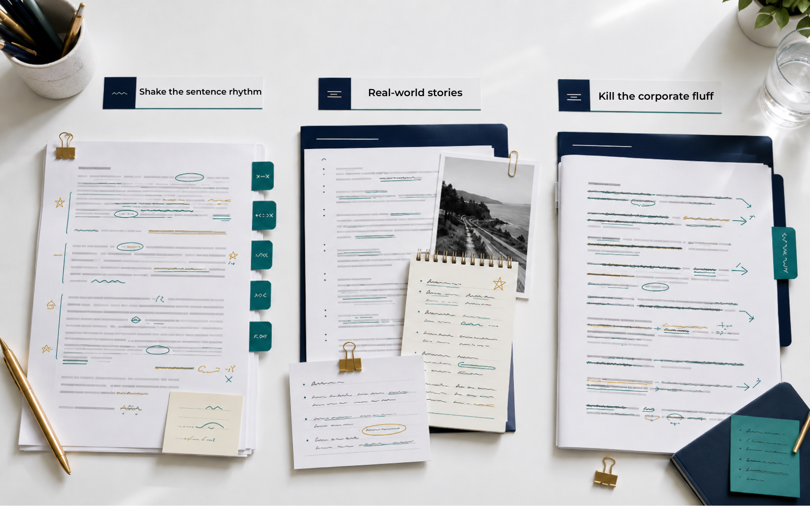 Three edited document sets represent sentence rhythm, real-world stories and removing corporate fluff.