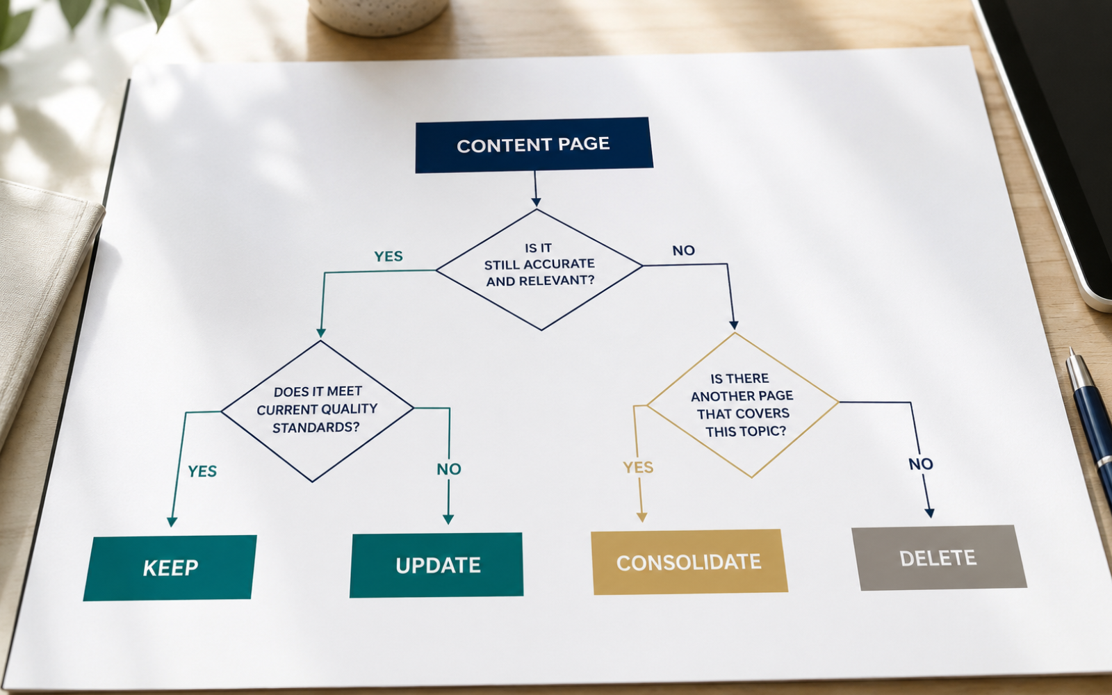 Content audit flowchart guides website pages toward Keep, Update, Consolidate or Delete actions