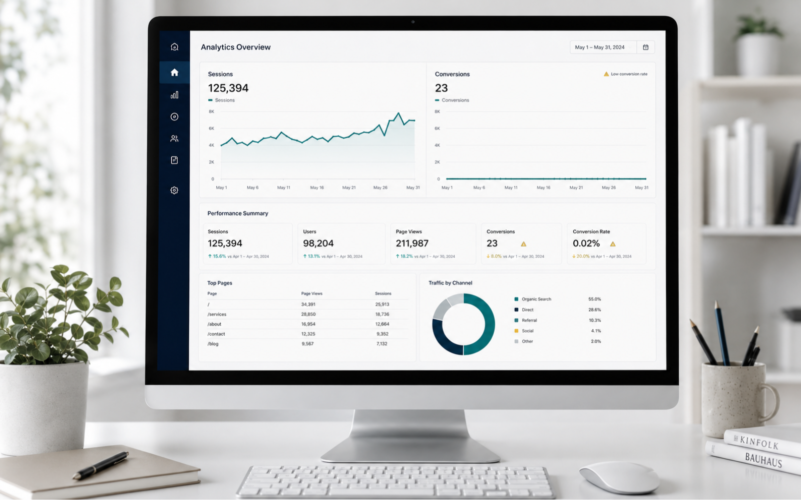 Analytics dashboard shows strong website traffic alongside a nearly flat conversion rate for a legacy content page