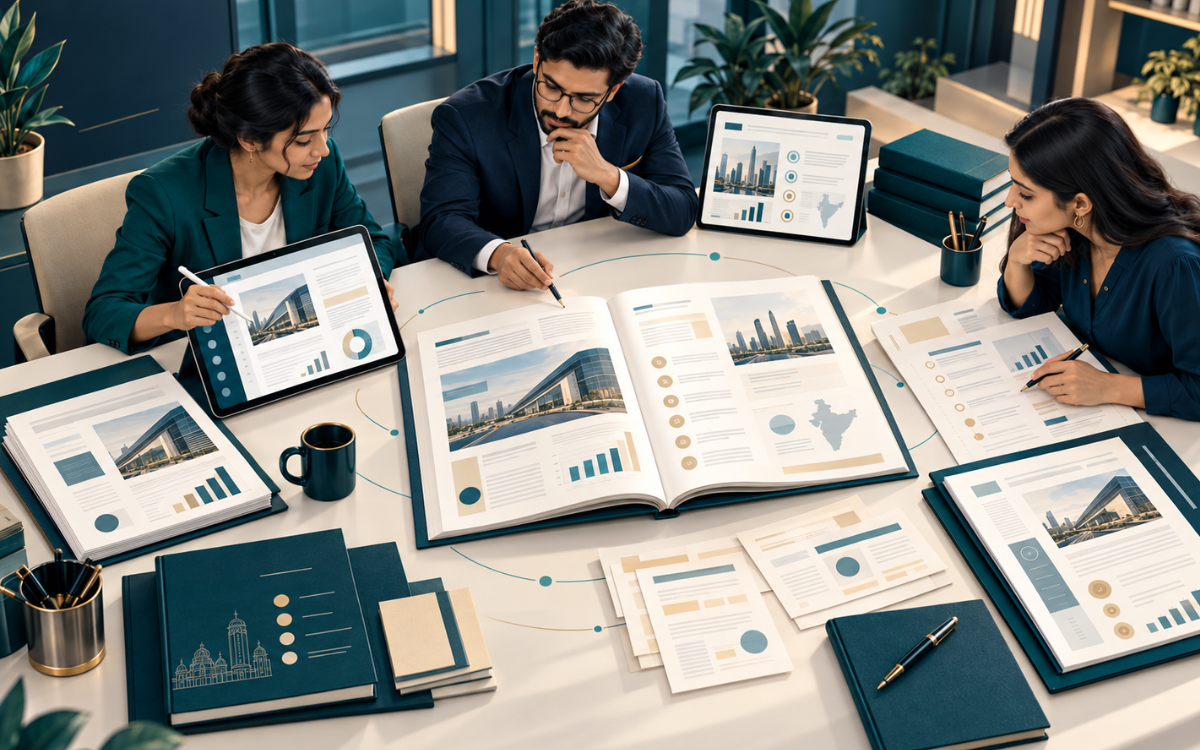 Three professionals reviewing a technical report, charts and digital documents around a table during B2B content localisation.