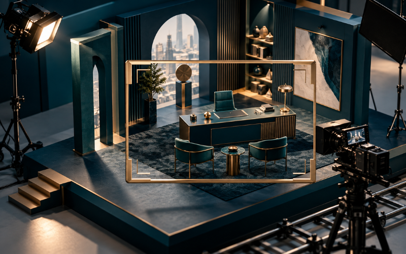 Clear Creative Brief for Aligned Content Production A cinema camera framing a cohesive office film set with a central desk, chairs, studio lighting and a defined focal area.