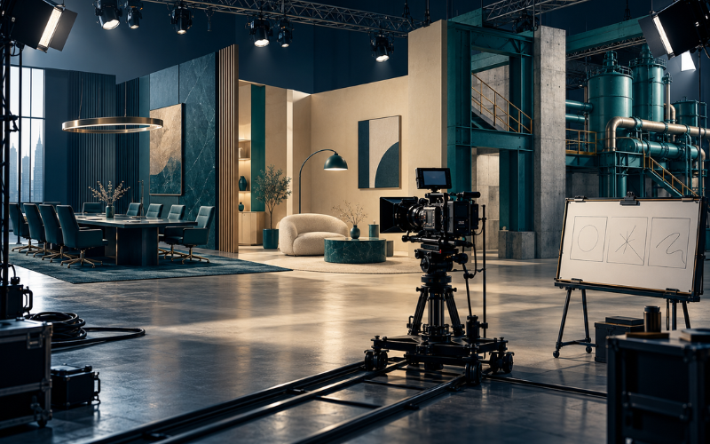 A film camera facing a disjointed set combining a corporate boardroom, living area and industrial environment.