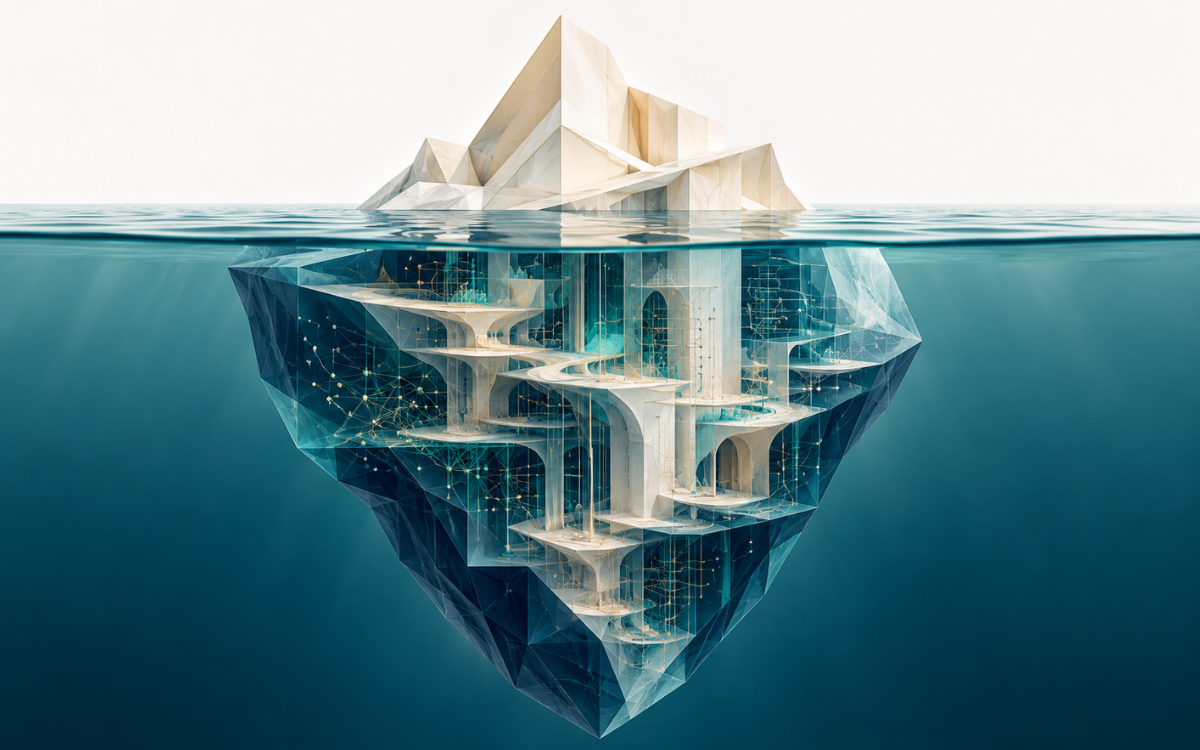 An iceberg with a small geometric peak above water and an intricate architectural network beneath the surface.